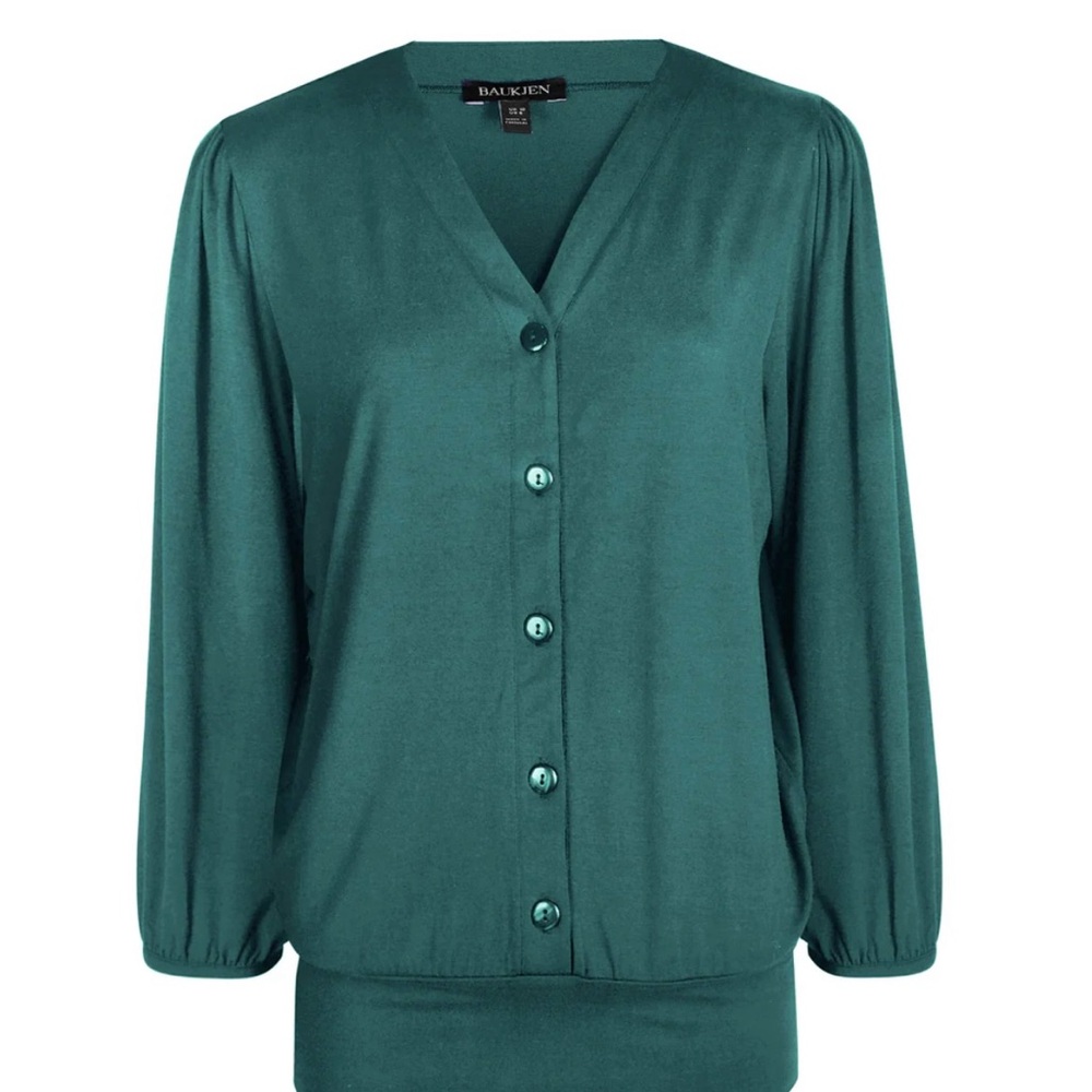 BAUKJEN Women’s Pine Green V-Neck Button Front‎ Jersey Knit Top Sz 8
